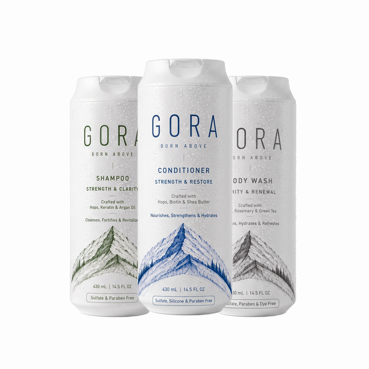 The GORA Hops Ritual kit — shampoo, conditioner and body wash