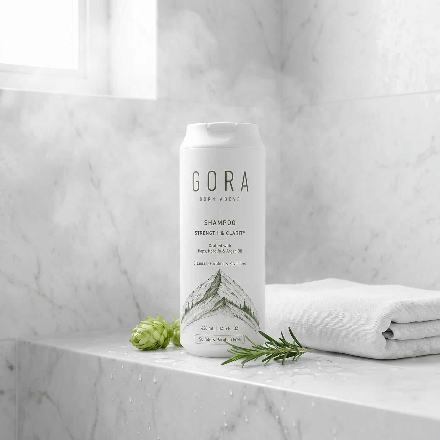 GORA Strengthening Shampoo on a marble shelf in an alpine bathroom